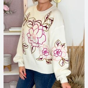 NWT JOIE 100% Cashmere Ivory Floral Sweater Size Small Crew Neck Long sleeve